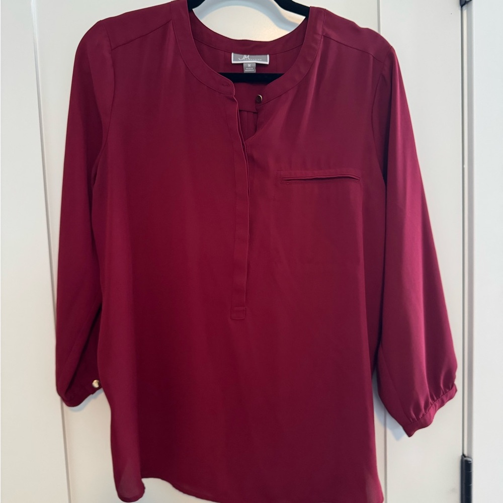 JM Collection Red 3/4 Sleeve Relaxed Blouse with Mandarin Collar